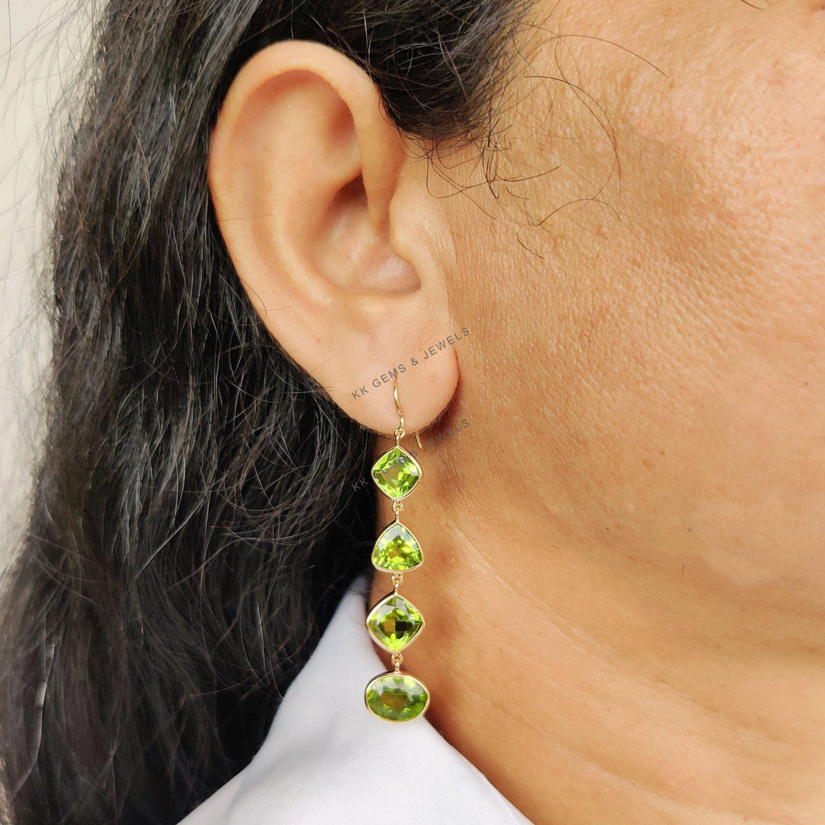14K Solid Gold Natural Peridot Dangle Earrings, August Birthstone