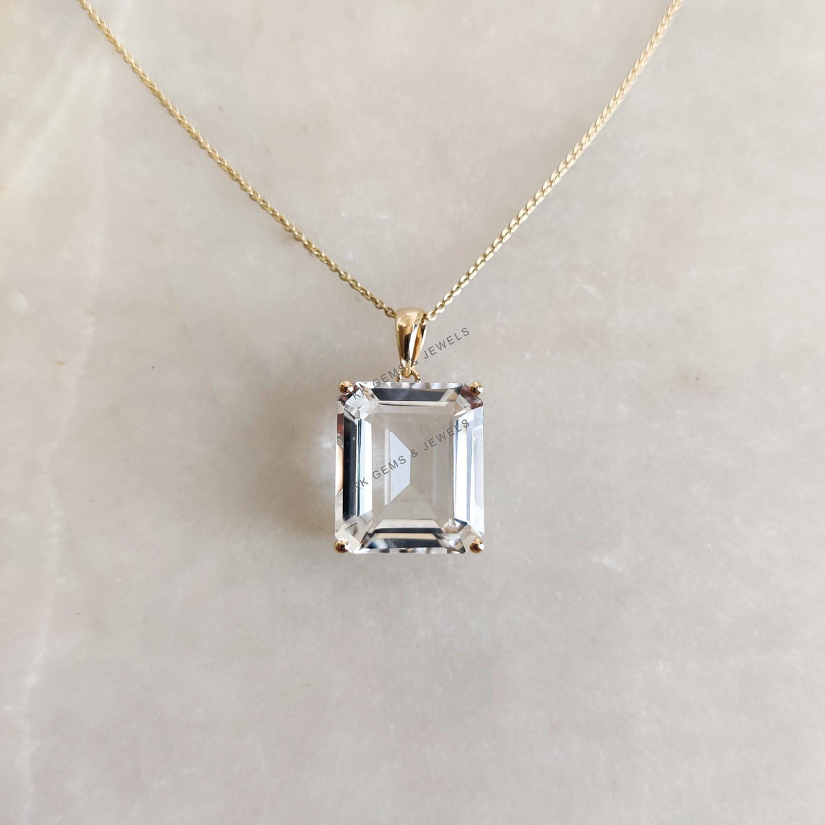 14K Solid Yellow Gold Natural White Topaz Octagon Pendant, November Birthstone