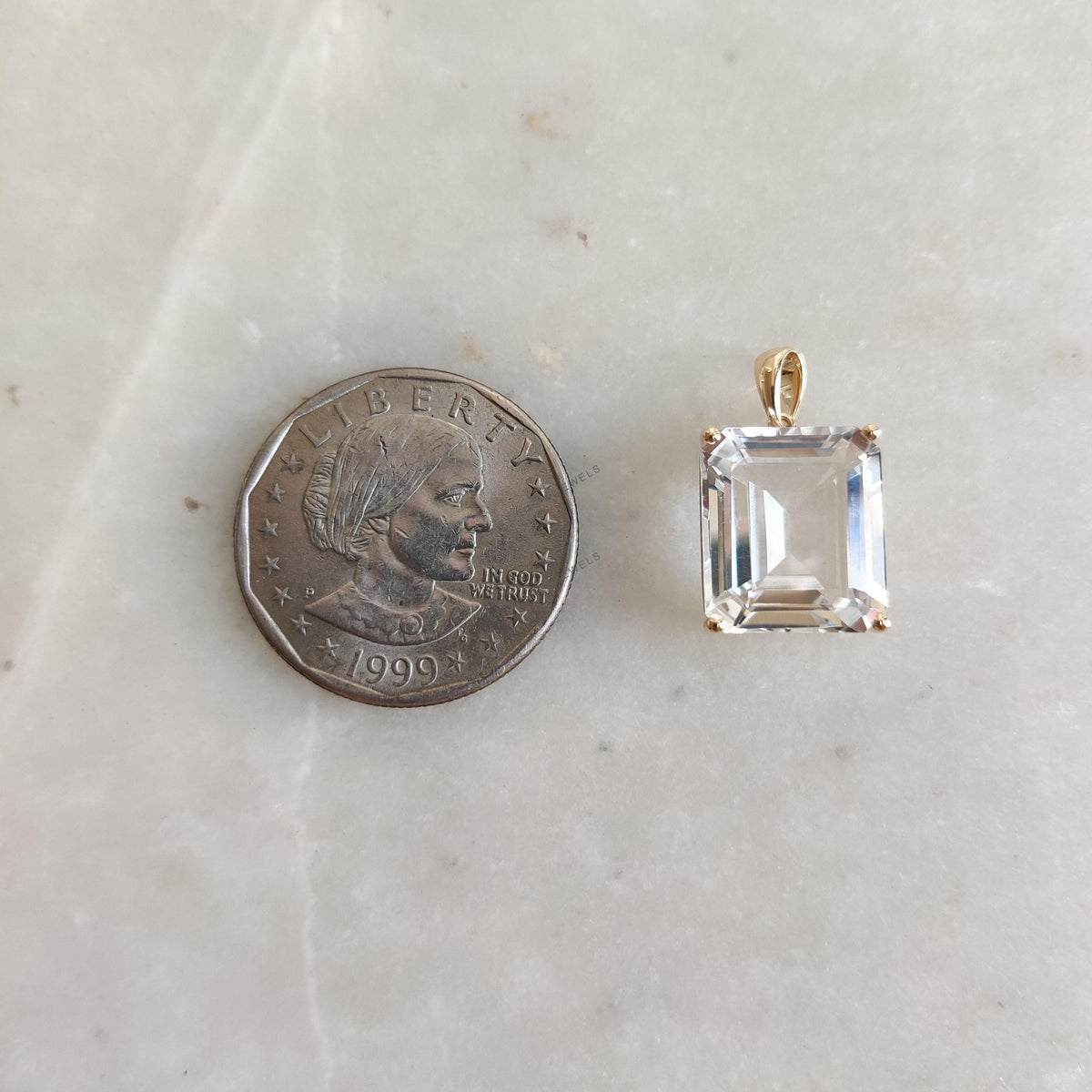 14K Solid Yellow Gold Natural White Topaz Octagon Pendant, November Birthstone
