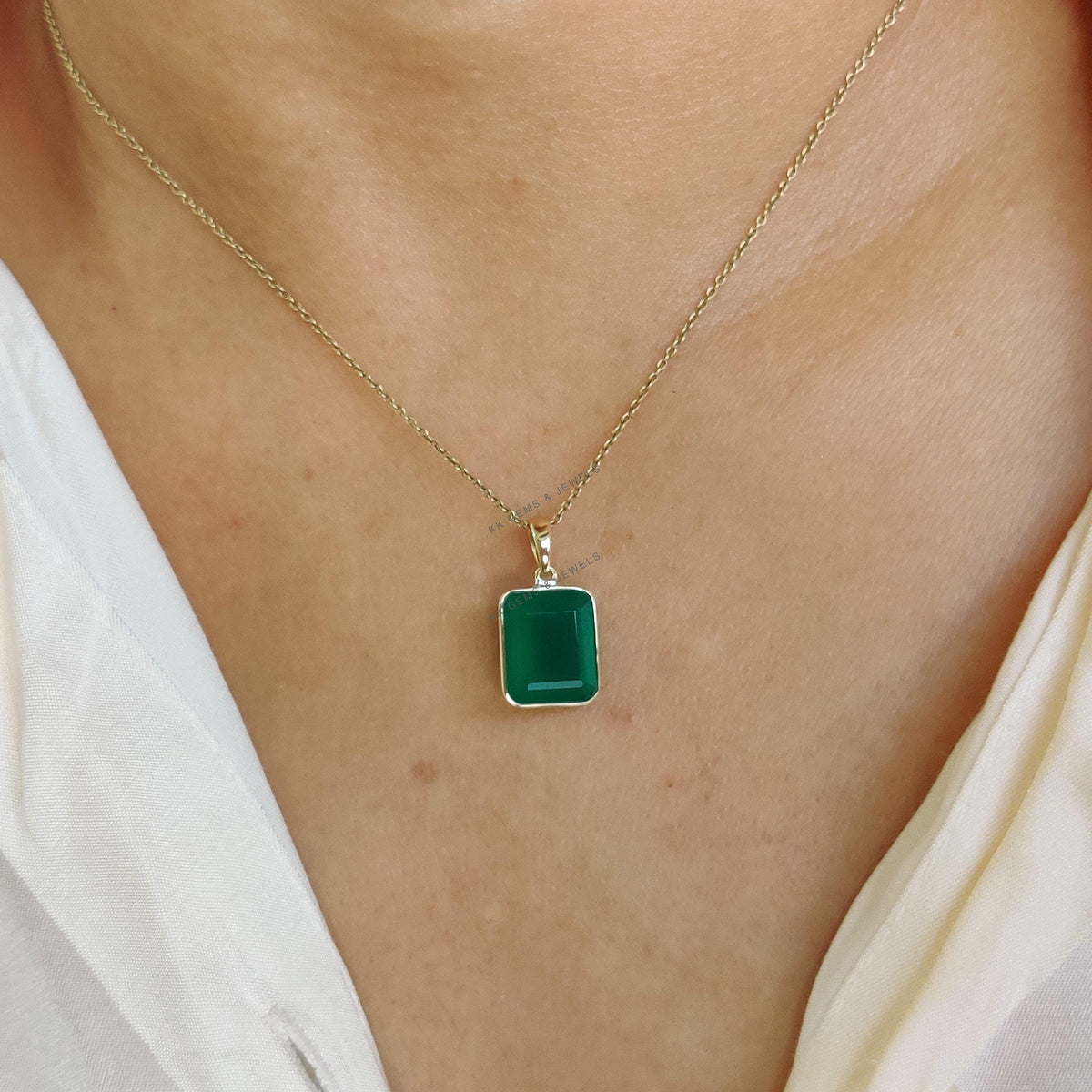 14K Solid Yellow Gold Natural Green Onyx Pendant, May Birthstone Bezel Jewelry