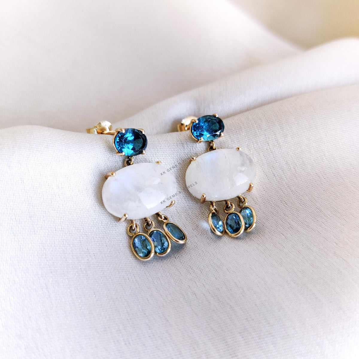 14K Solid Yellow Gold Natural Rainbow Moonstone & Blue Topaz Earring, June Birthstone