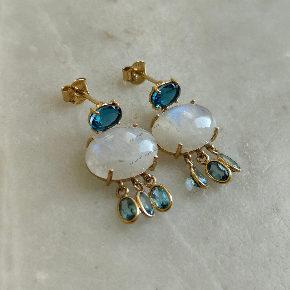 14K Solid Yellow Gold Natural Rainbow Moonstone & Blue Topaz Earring, June Birthstone