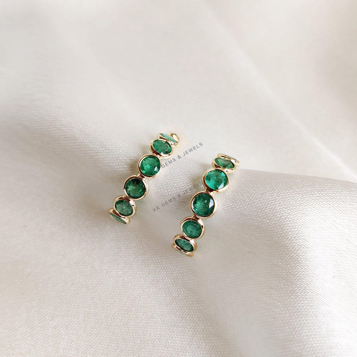 14K Solid Gold Natural Emerald Hoop Earrings, May Birthstone