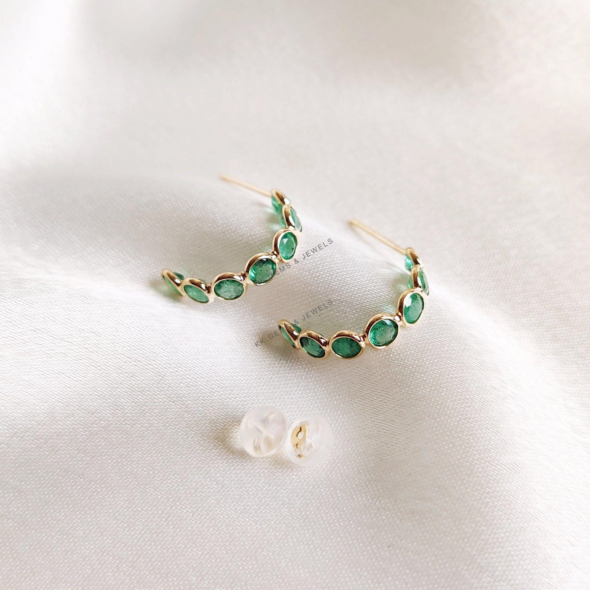 14K Solid Gold Natural Emerald Hoop Earrings, May Birthstone