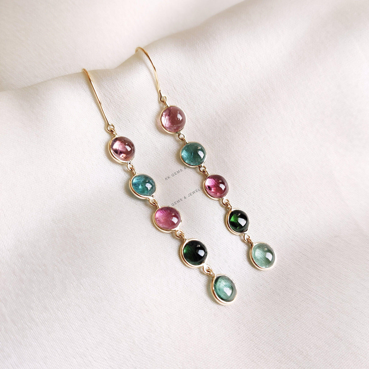 14K Solid Yellow Gold Natural Multi Tourmaline Bezel Earrings, October Birthstone