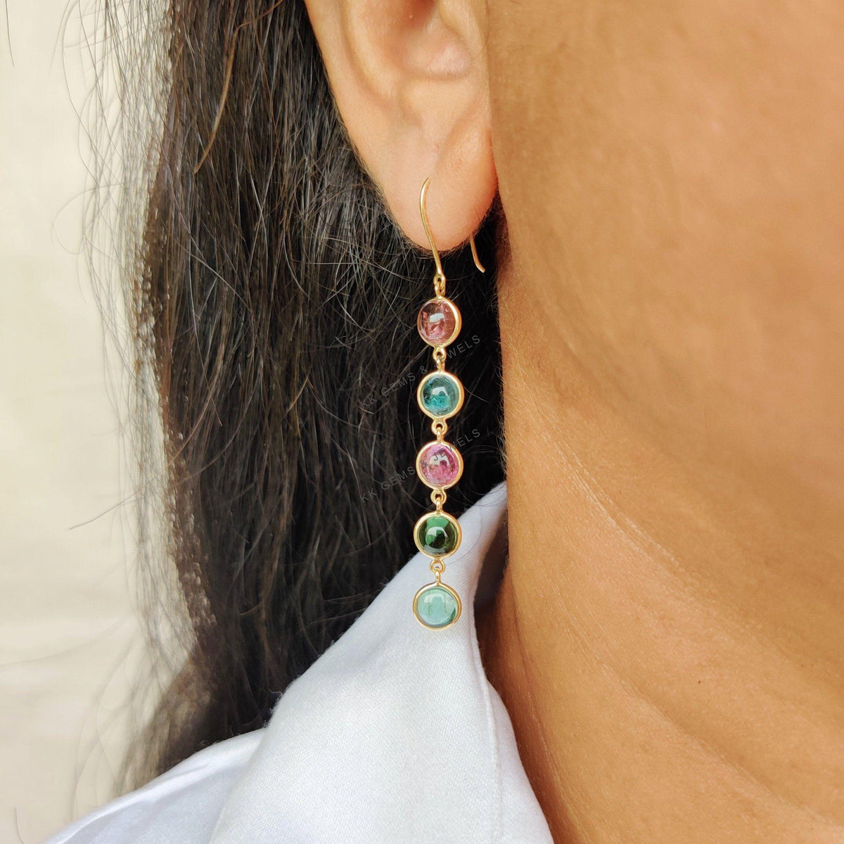 14K Solid Yellow Gold Natural Multi Tourmaline Bezel Earrings, October Birthstone