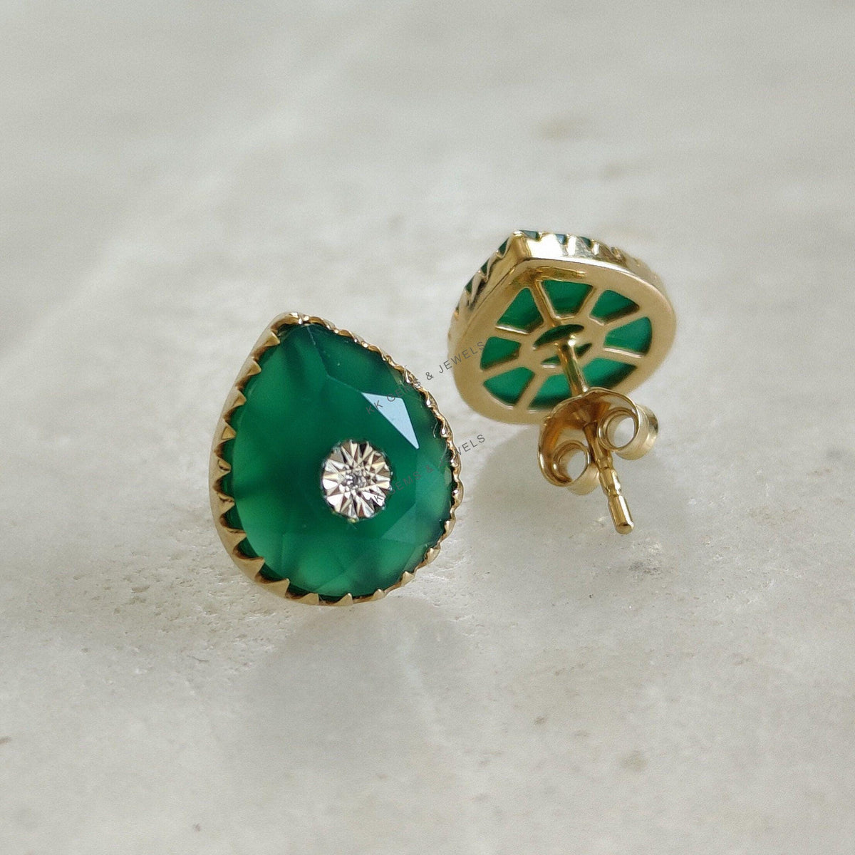 Natural Green Onyx Diamond Earrings, 14K Solid Yellow Gold Stud Earrings, May Birthstone