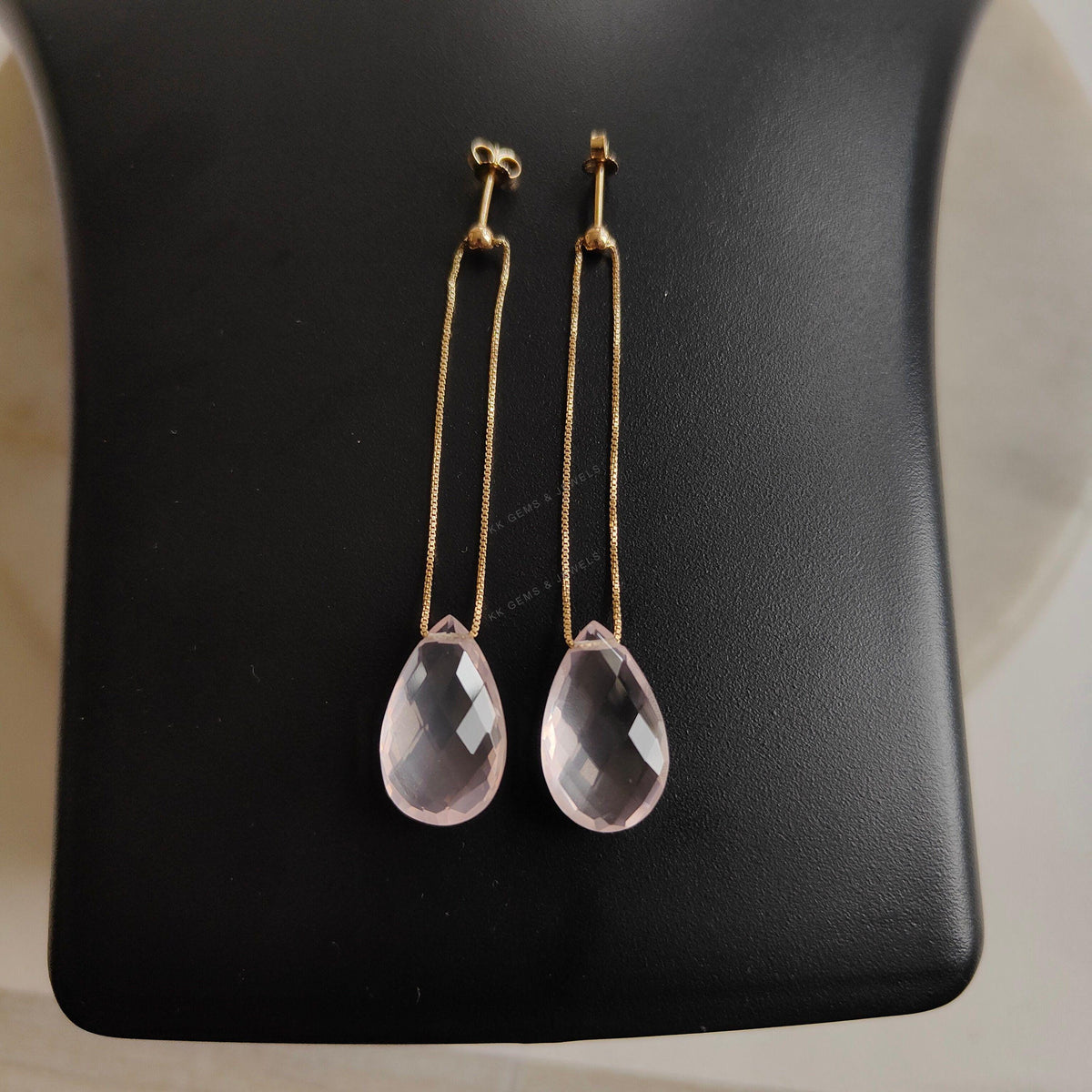 14K Solid Yellow Gold Natural Rose Quartz Earrings, Pear Drill Gemstone Chain Studs