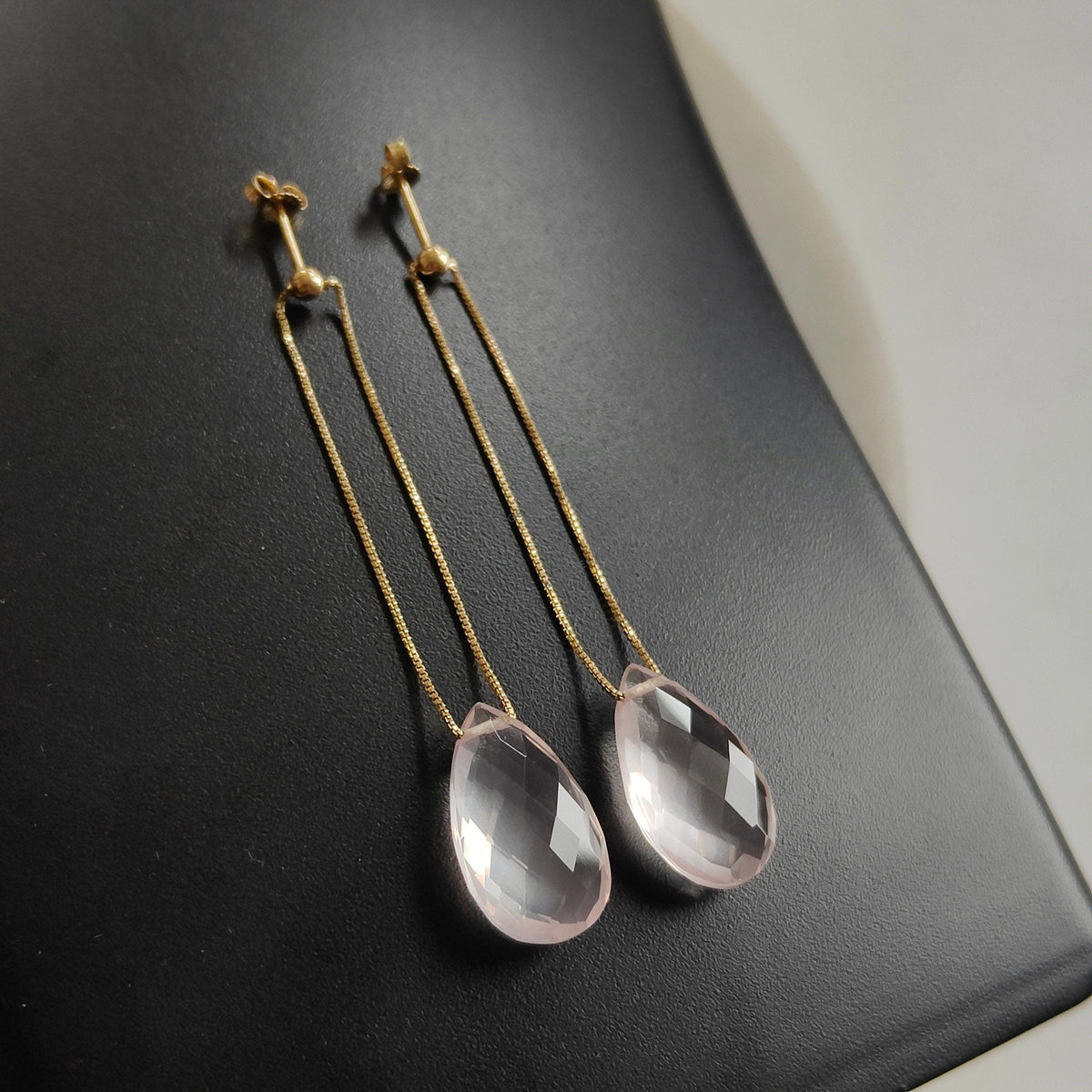 14K Solid Yellow Gold Natural Rose Quartz Earrings, Pear Drill Gemstone Chain Studs