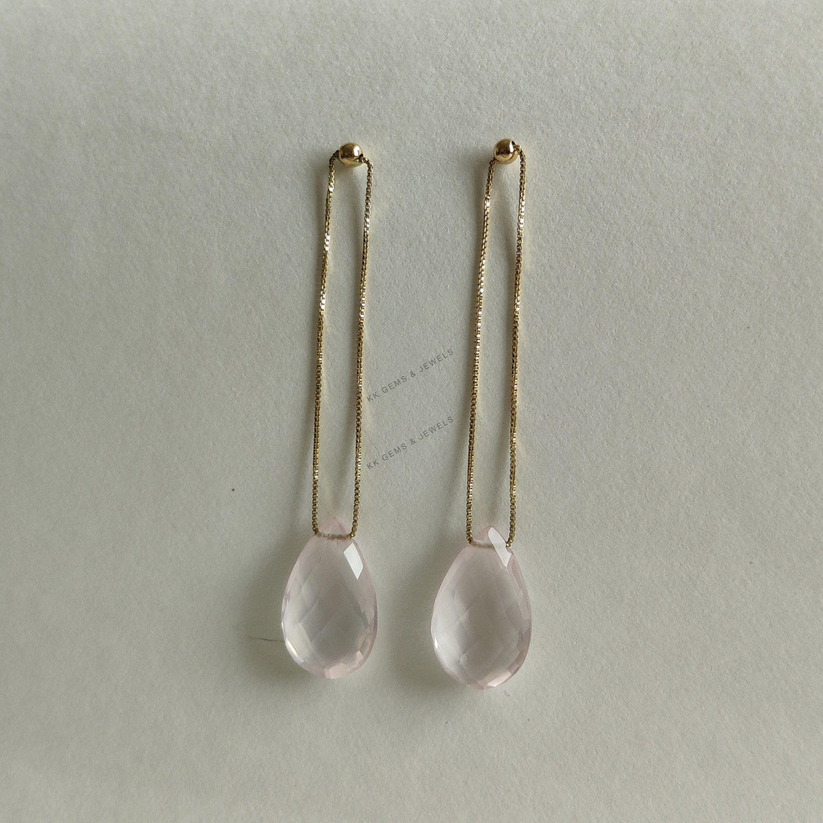 14K Solid Yellow Gold Natural Rose Quartz Earrings, Pear Drill Gemstone Chain Studs