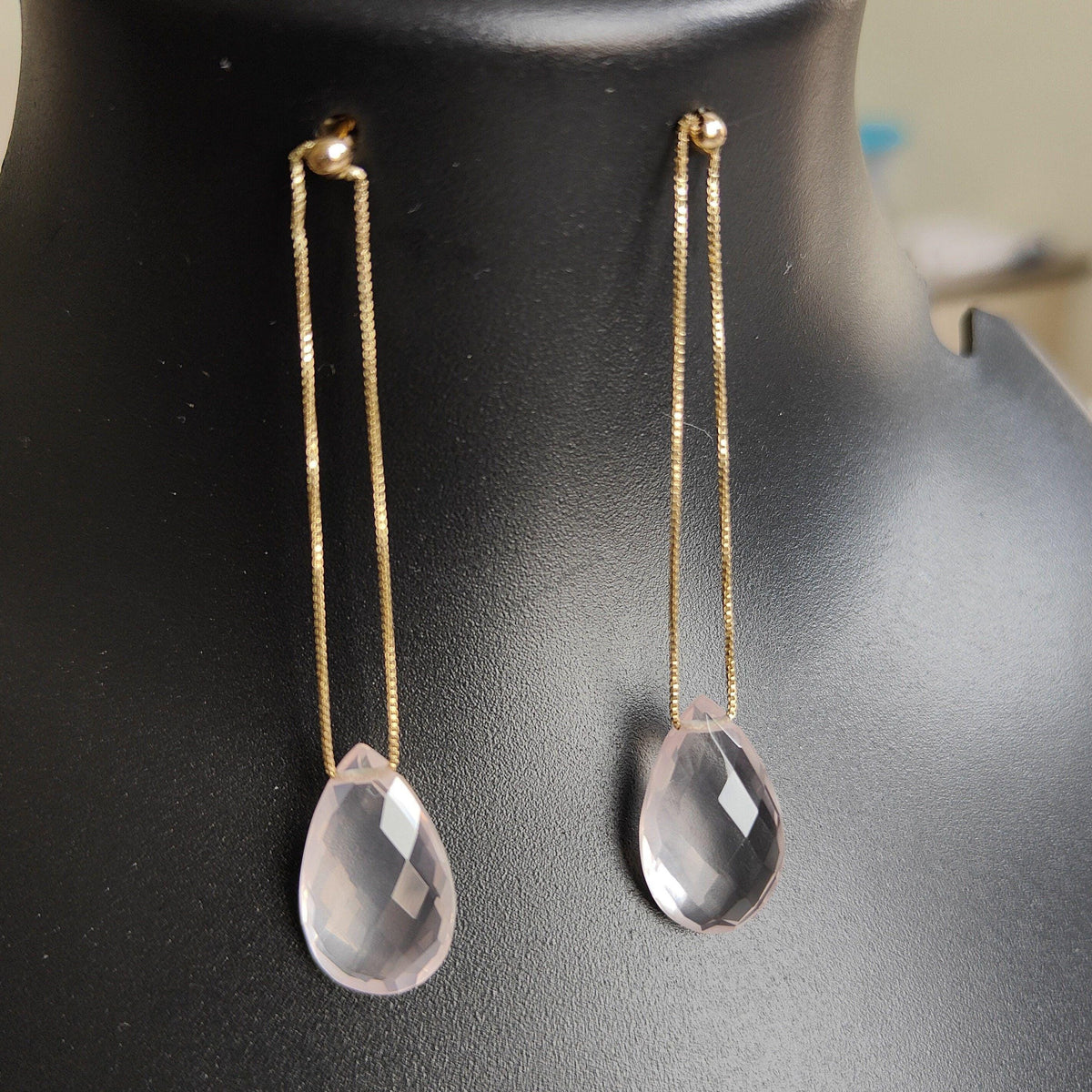 14K Solid Yellow Gold Natural Rose Quartz Earrings, Pear Drill Gemstone Chain Studs