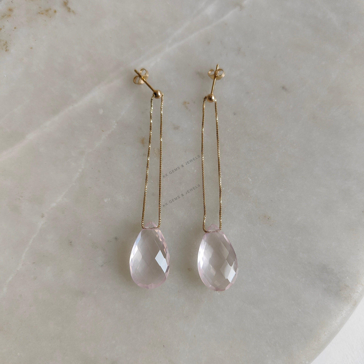 14K Solid Yellow Gold Natural Rose Quartz Earrings, Pear Drill Gemstone Chain Studs