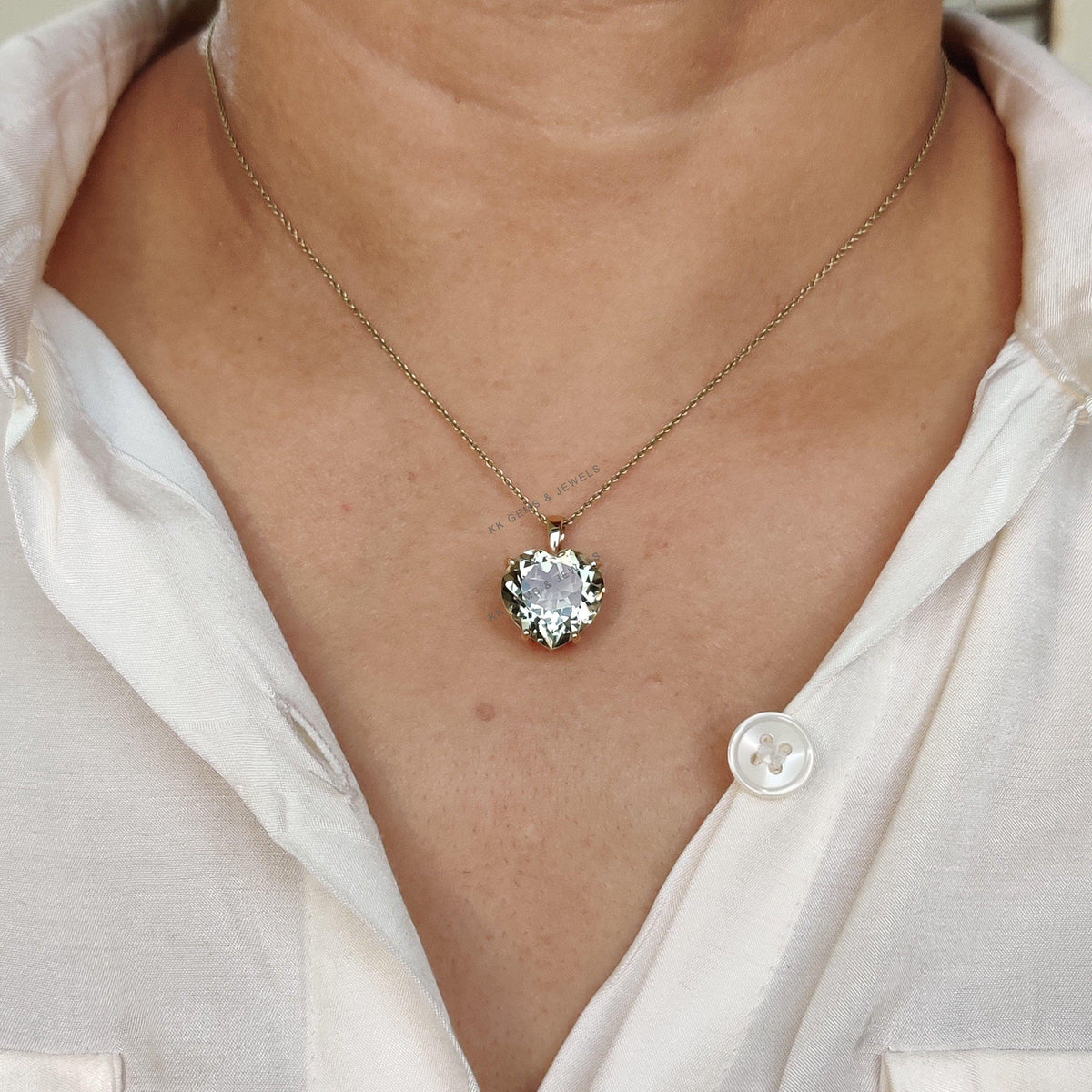 14K Solid Gold Natural Green Amethyst Heart Pendant, February Birthstone