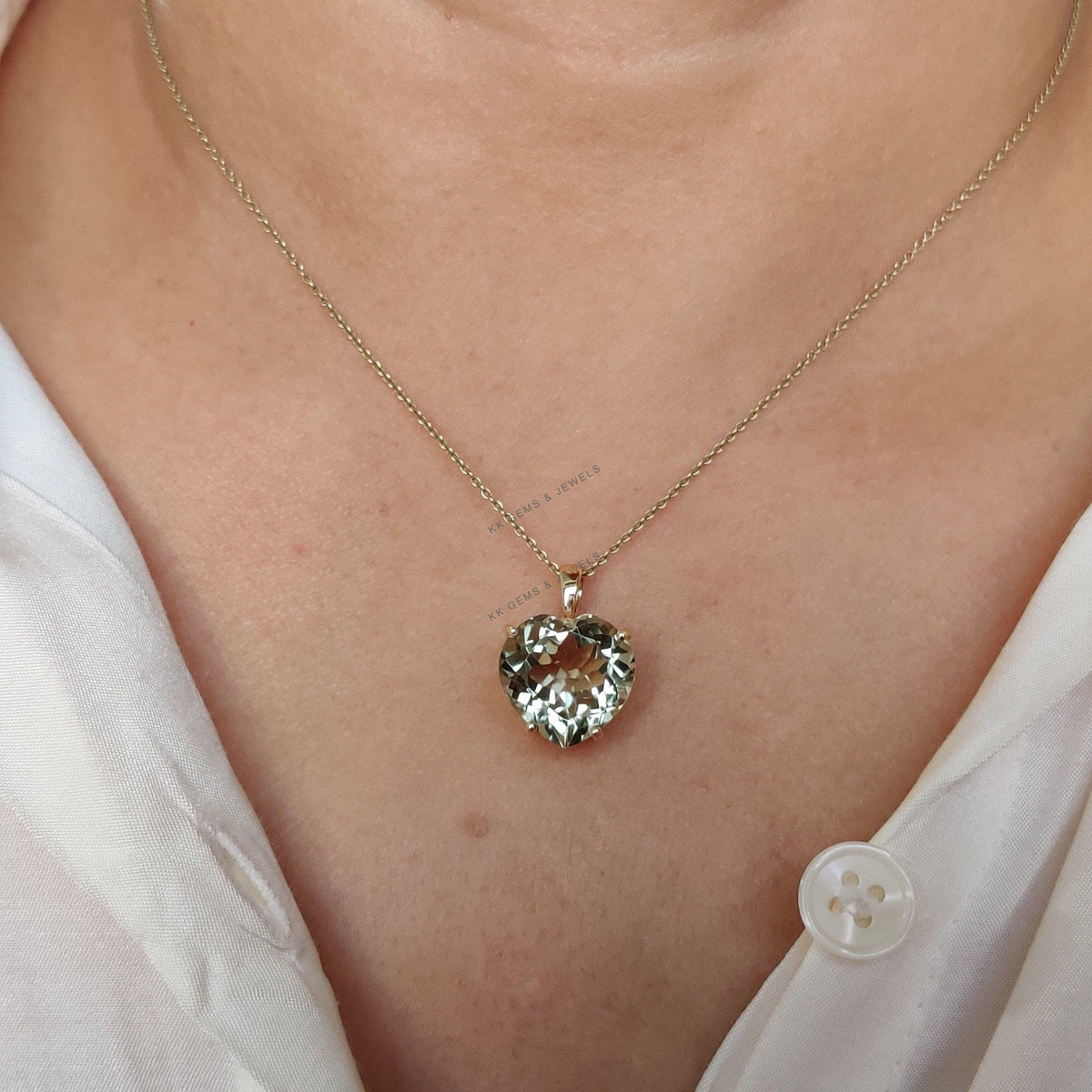 14K Solid Gold Natural Green Amethyst Heart Pendant, February Birthstone