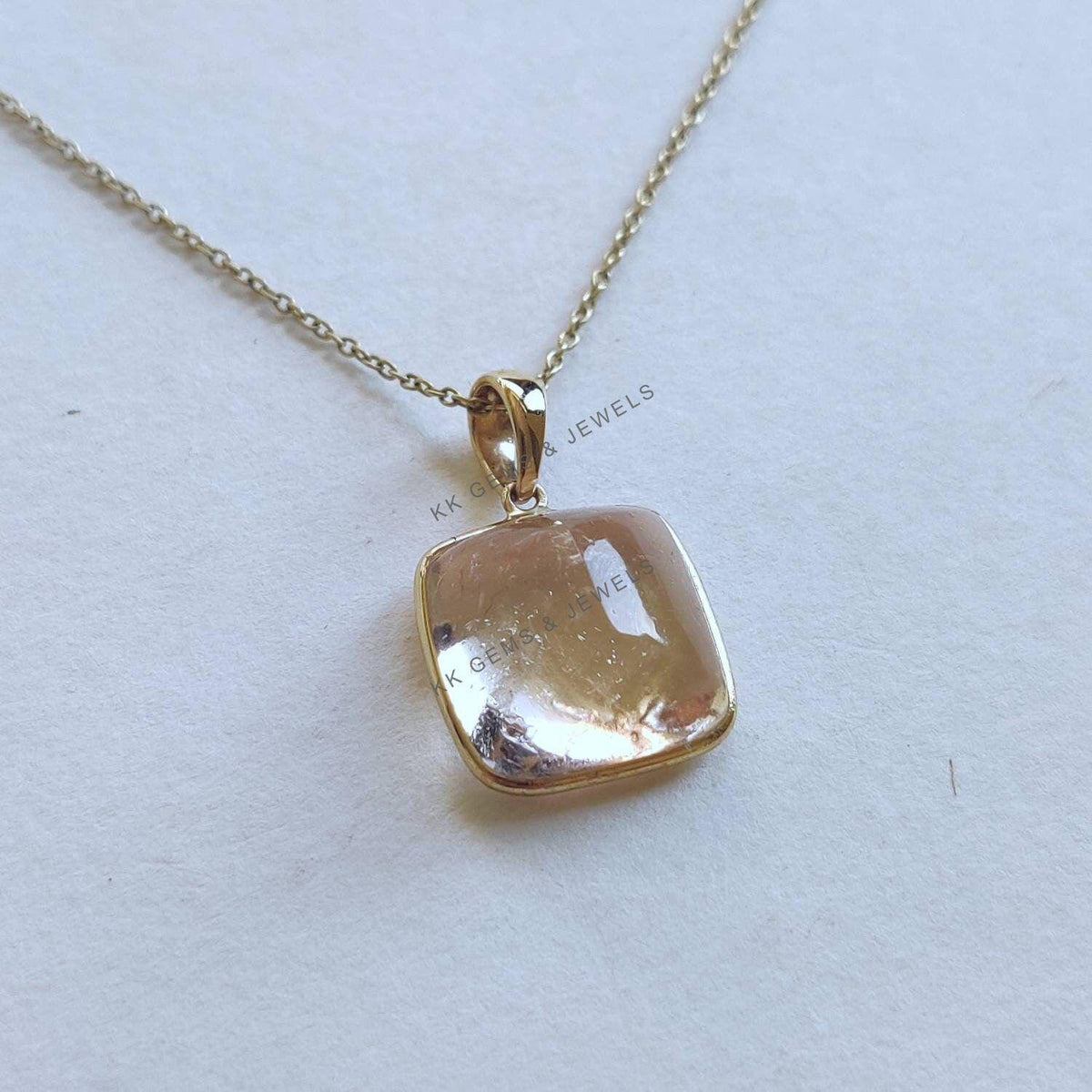 14K Solid Yellow Gold Natural Morganite Pendant, Square Cushion Cut, November Birthstone