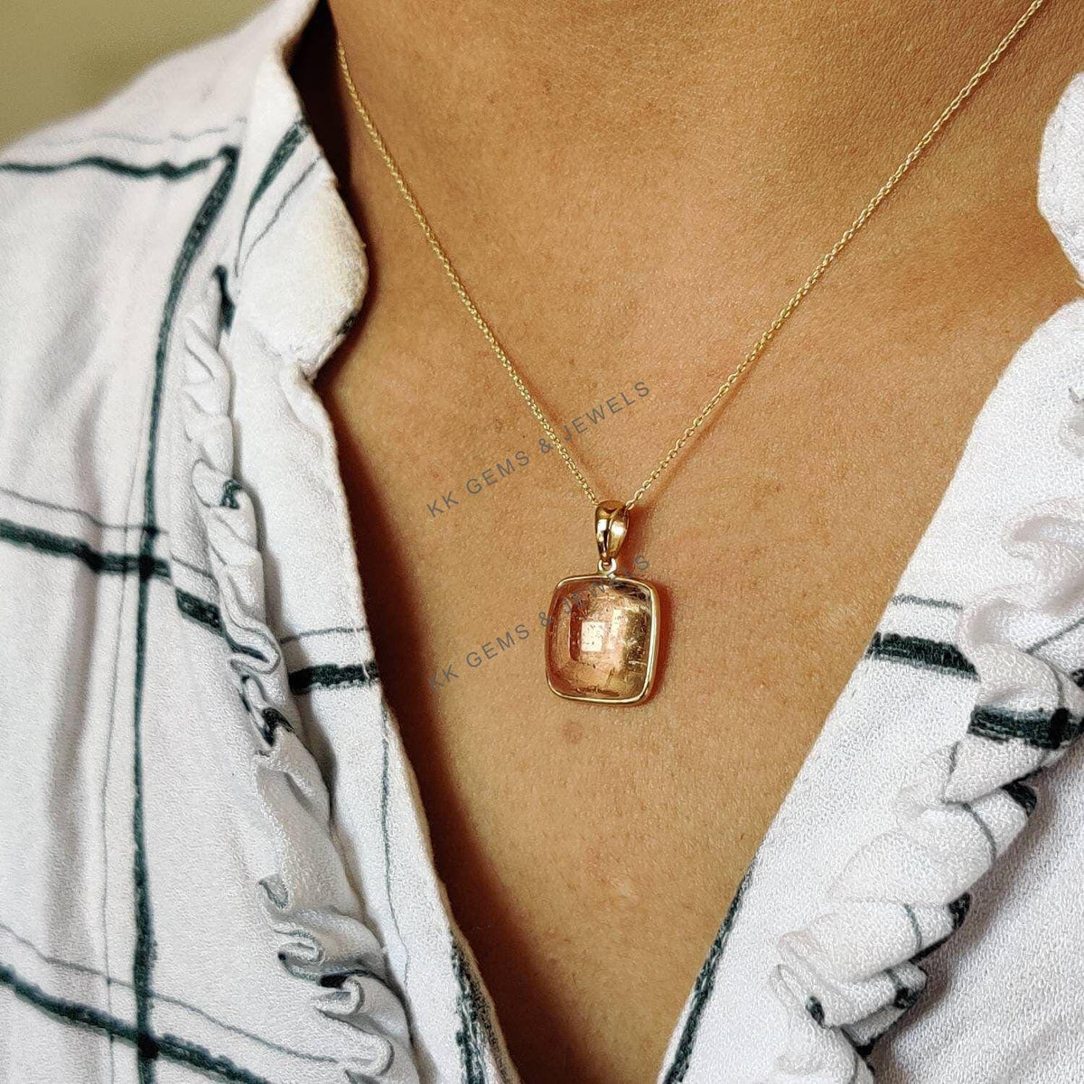 14K Solid Yellow Gold Natural Morganite Pendant, Square Cushion Cut, November Birthstone