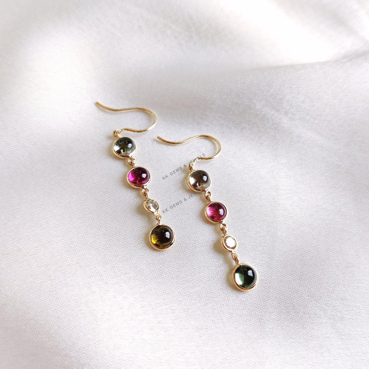 Natural Multi Tourmaline & Diamond Bezel Earrings, 14K Solid Gold Dangle Earrings