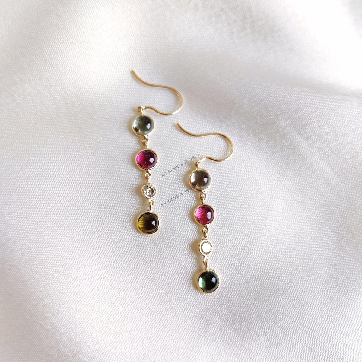 Natural Multi Tourmaline & Diamond Bezel Earrings, 14K Solid Gold Dangle Earrings