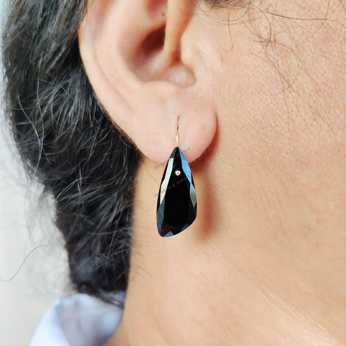 14K Solid Yellow Gold Natural Black Onyx Drill Earrings, December Birthstone