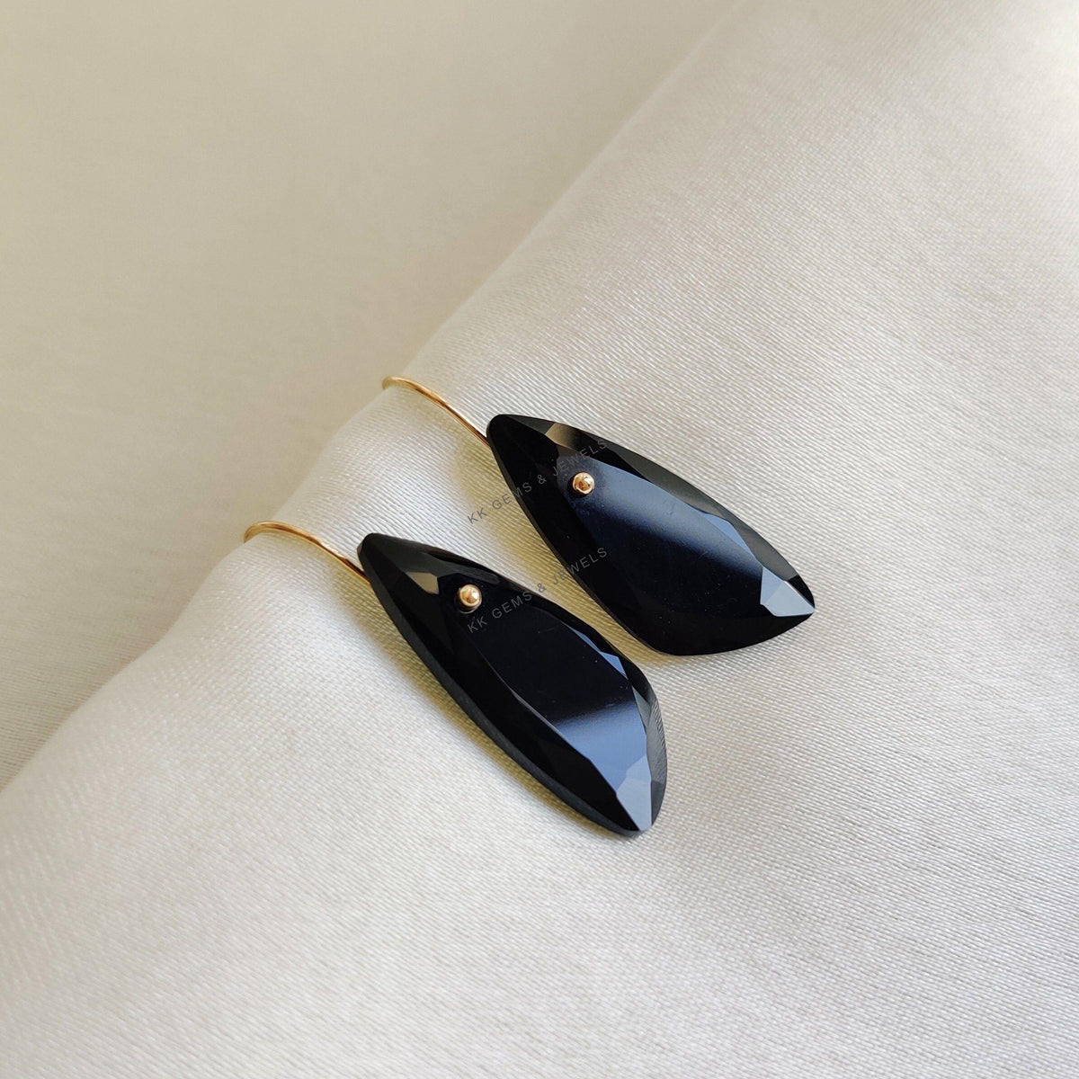 14K Solid Yellow Gold Natural Black Onyx Drill Earrings, December Birthstone