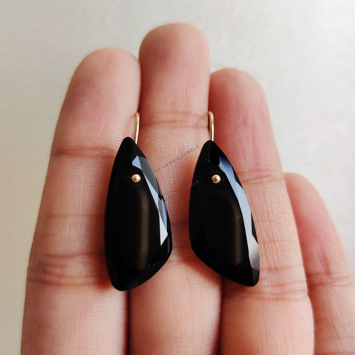 14K Solid Yellow Gold Natural Black Onyx Drill Earrings, December Birthstone