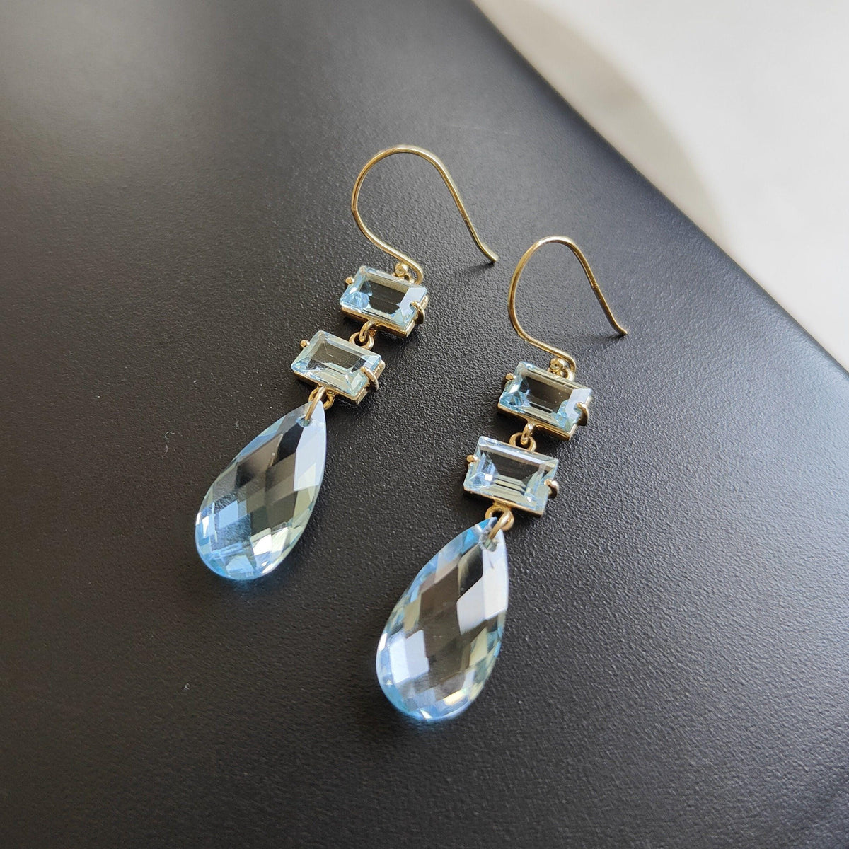 14K Solid Yellow Gold Natural Sky Blue Topaz Drop Earrings, December Birthstone