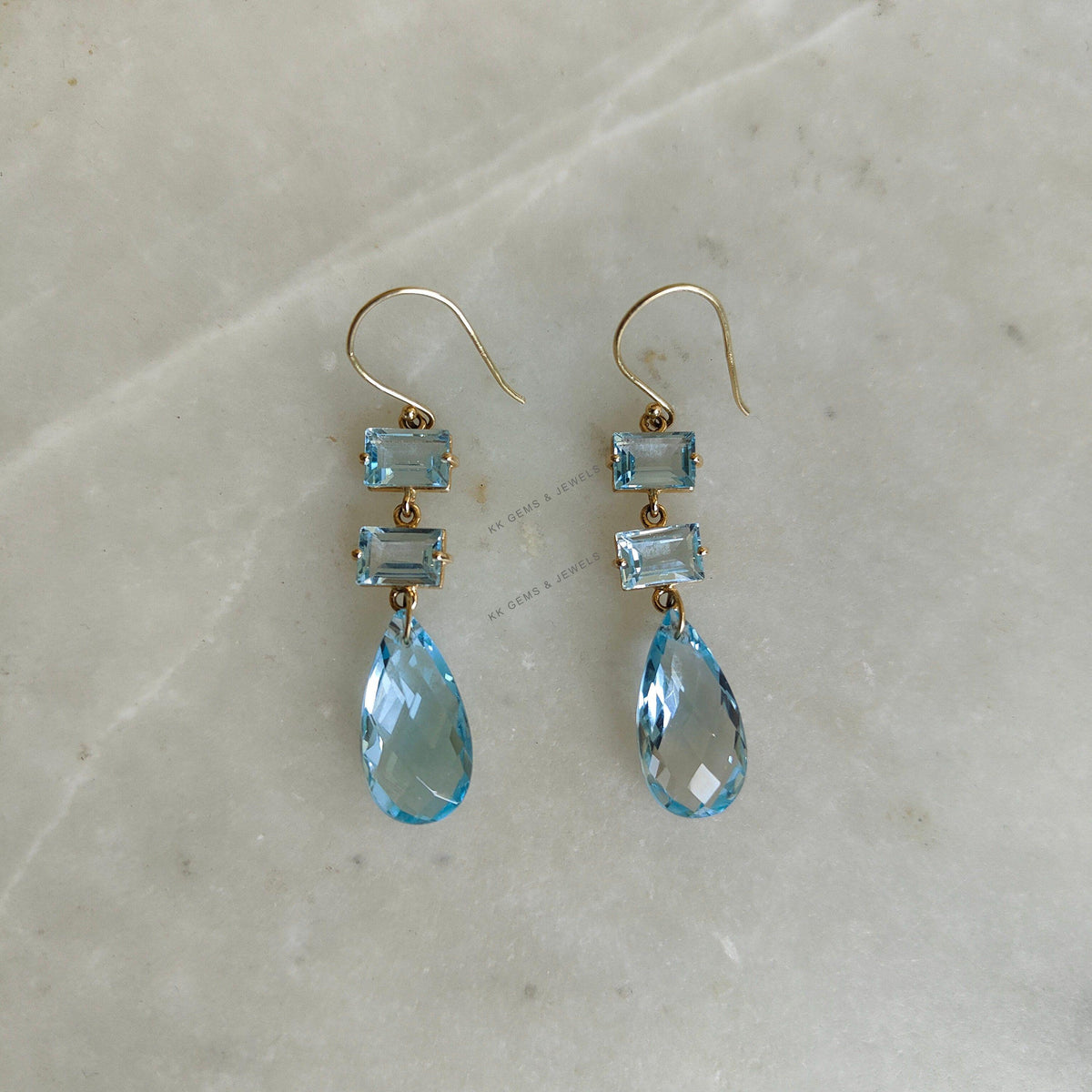 14K Solid Yellow Gold Natural Sky Blue Topaz Drop Earrings, December Birthstone