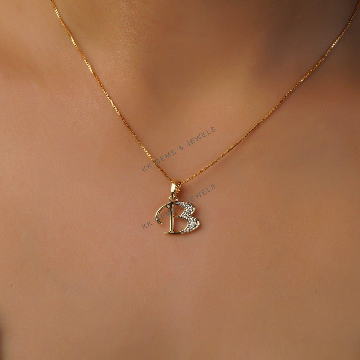 14K Solid Gold Initial B Diamond Pendant, Birthday Gift