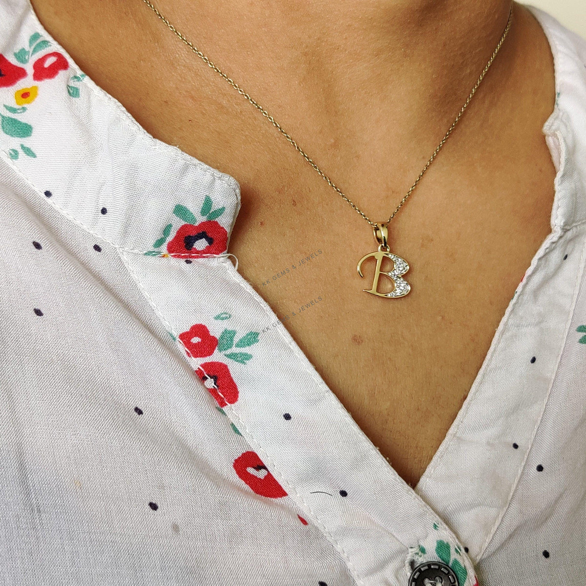 14K Solid Gold Initial B Diamond Pendant, Birthday Gift