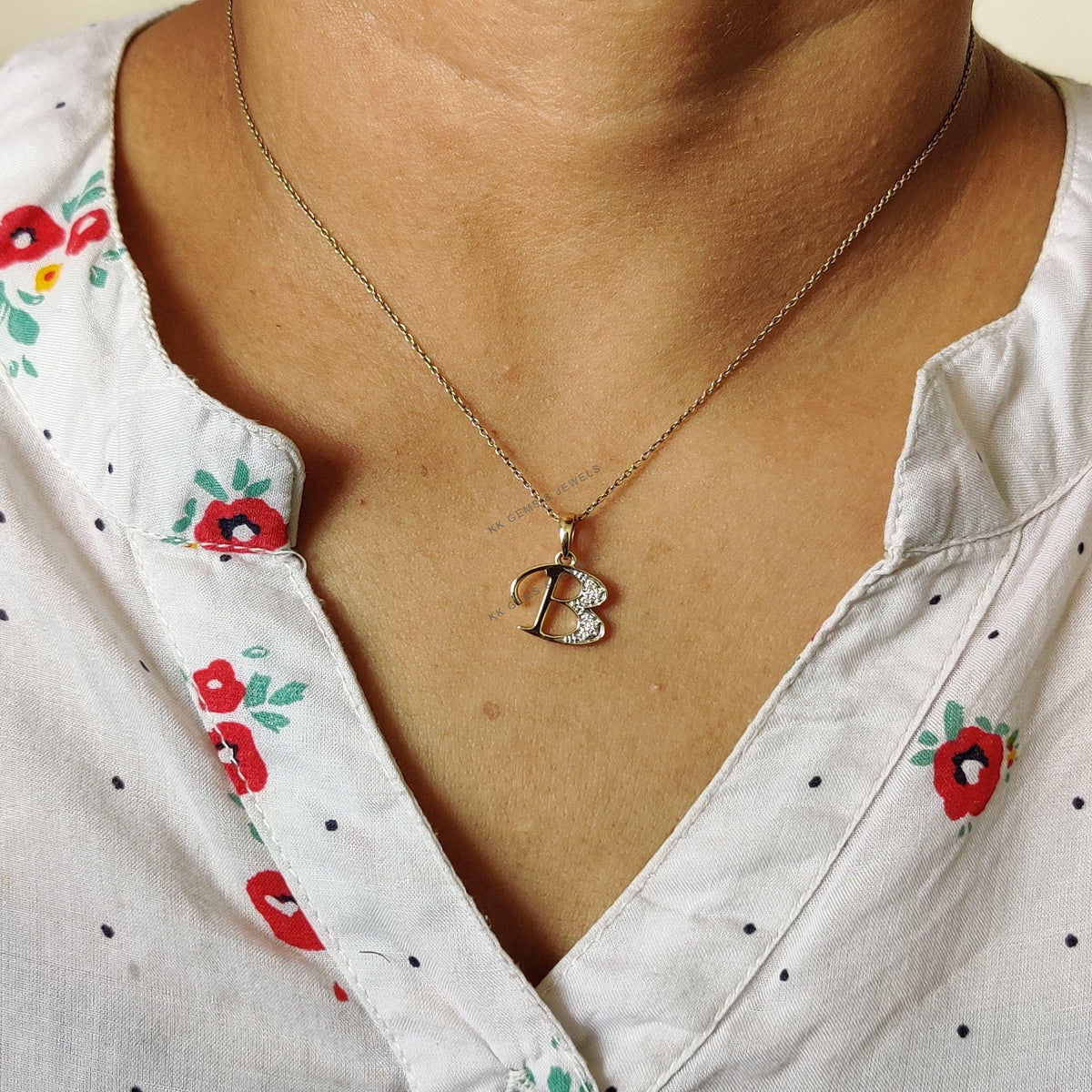 14K Solid Gold Initial B Diamond Pendant, Birthday Gift