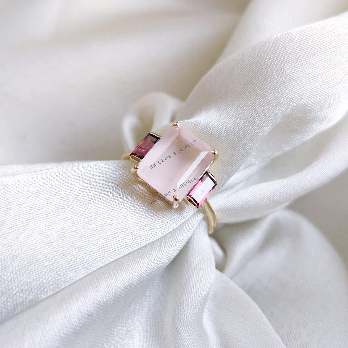 14K Solid Gold Natural Rose Quartz & Rhodolite Garnet Octagon Ring, Multi Stone Wedding Jewelry