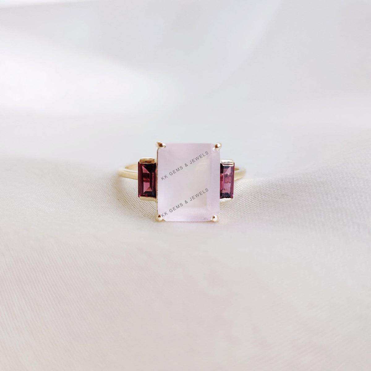 14K Solid Gold Natural Rose Quartz & Rhodolite Garnet Octagon Ring, Multi Stone Wedding Jewelry