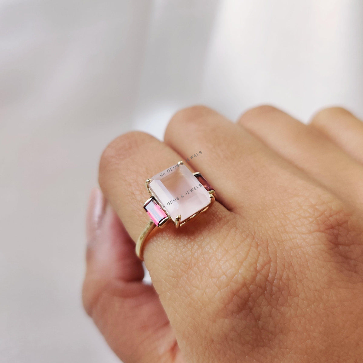 14K Solid Gold Natural Rose Quartz & Rhodolite Garnet Octagon Ring, Multi Stone Wedding Jewelry