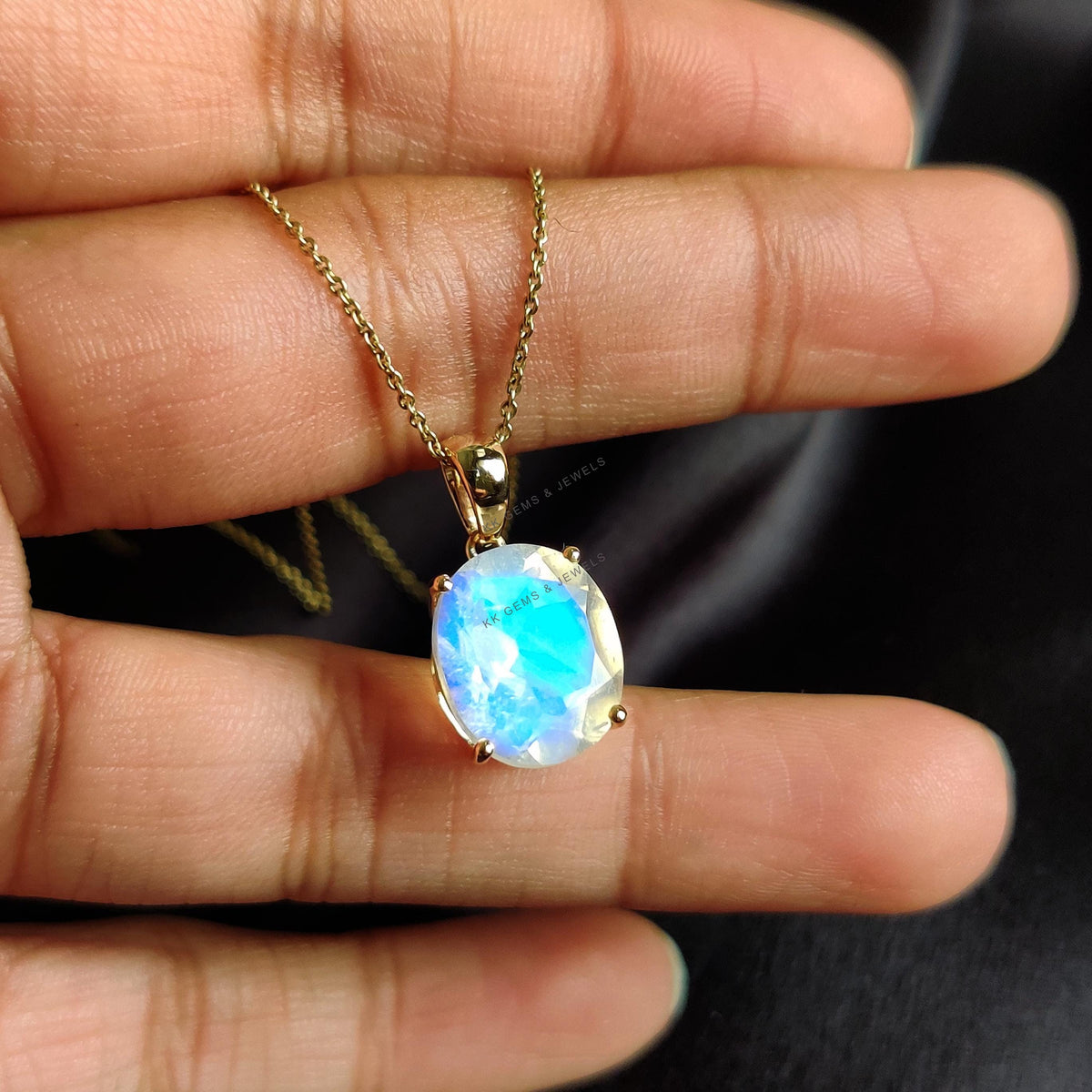 Natural Rainbow Moonstone Prong Pendant, 14K Solid Yellow Gold, June Birthstone