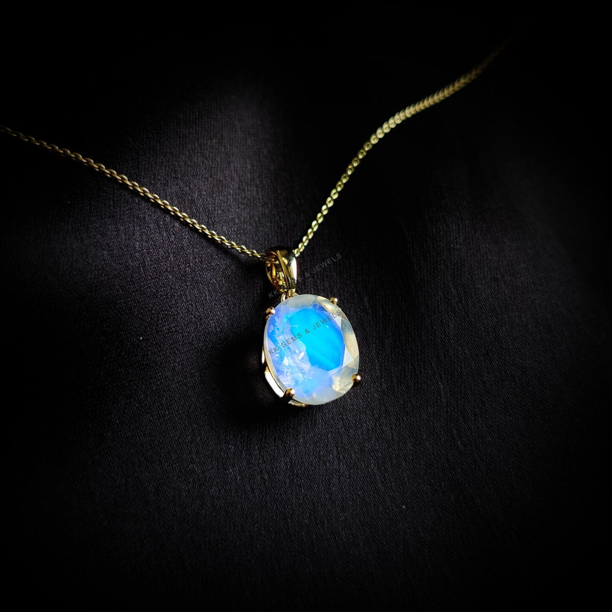 Natural Rainbow Moonstone Prong Pendant, 14K Solid Yellow Gold, June Birthstone