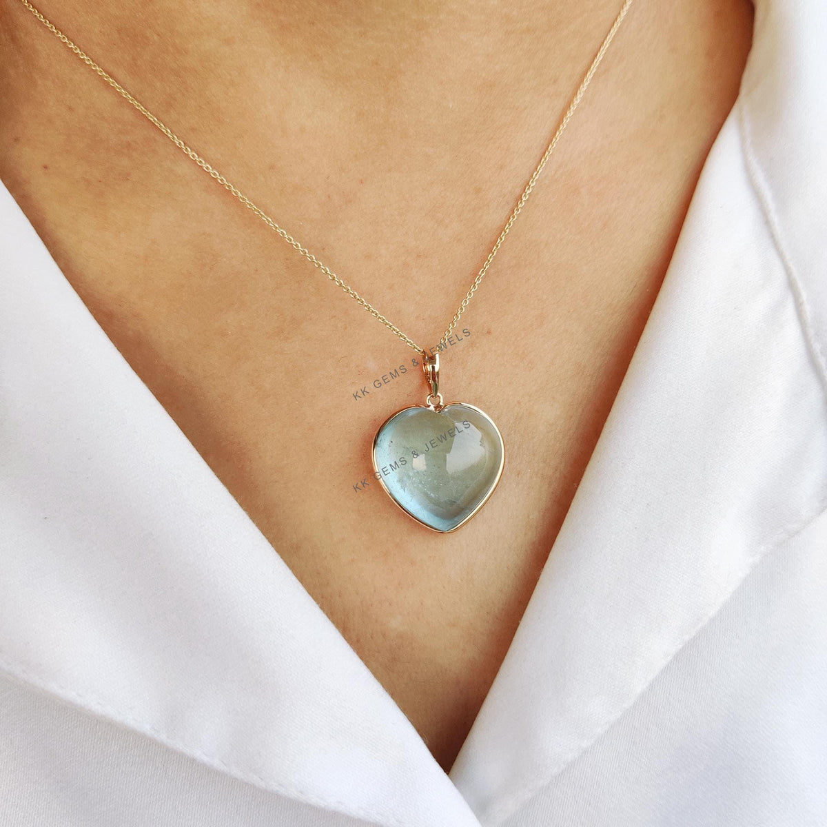 14K Solid Yellow Gold Natural Aquamarine Heart Pendant, March Birthstone