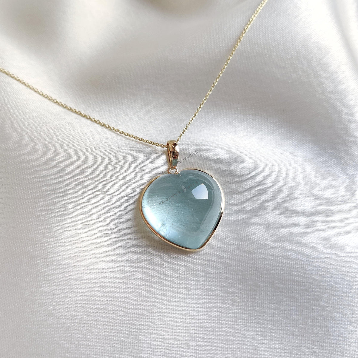 14K Solid Yellow Gold Natural Aquamarine Heart Pendant, March Birthstone