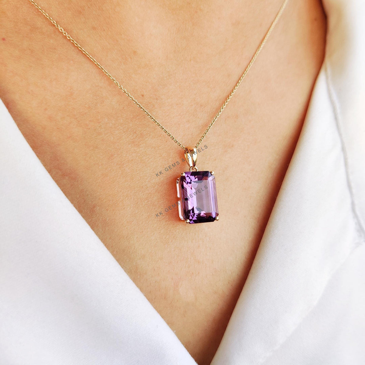 14K Solid Gold Natural Purple Amethyst Pendant: February Birthstone Jewelry