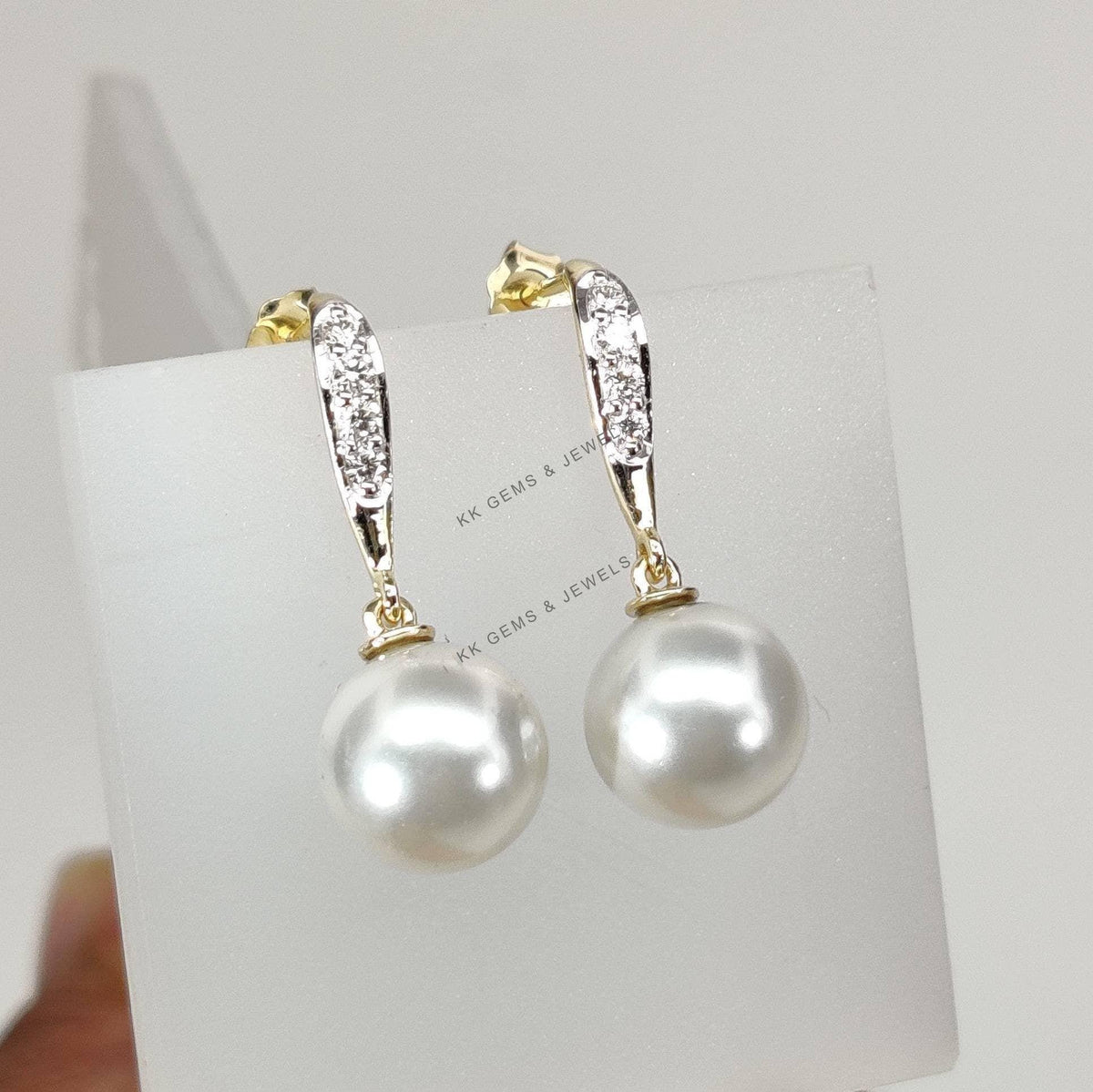14K Solid Gold Natural Pearl & Diamond Drop Earrings, June Birthstone