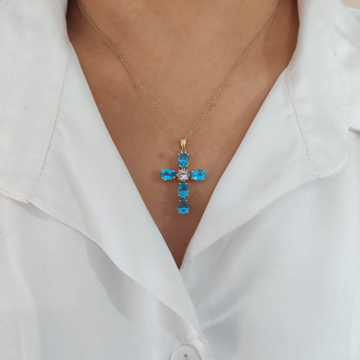 Natural Swiss Blue Topaz 14K Solid Yellow Gold Cross Pendant, December Birthstone Christmas Gift