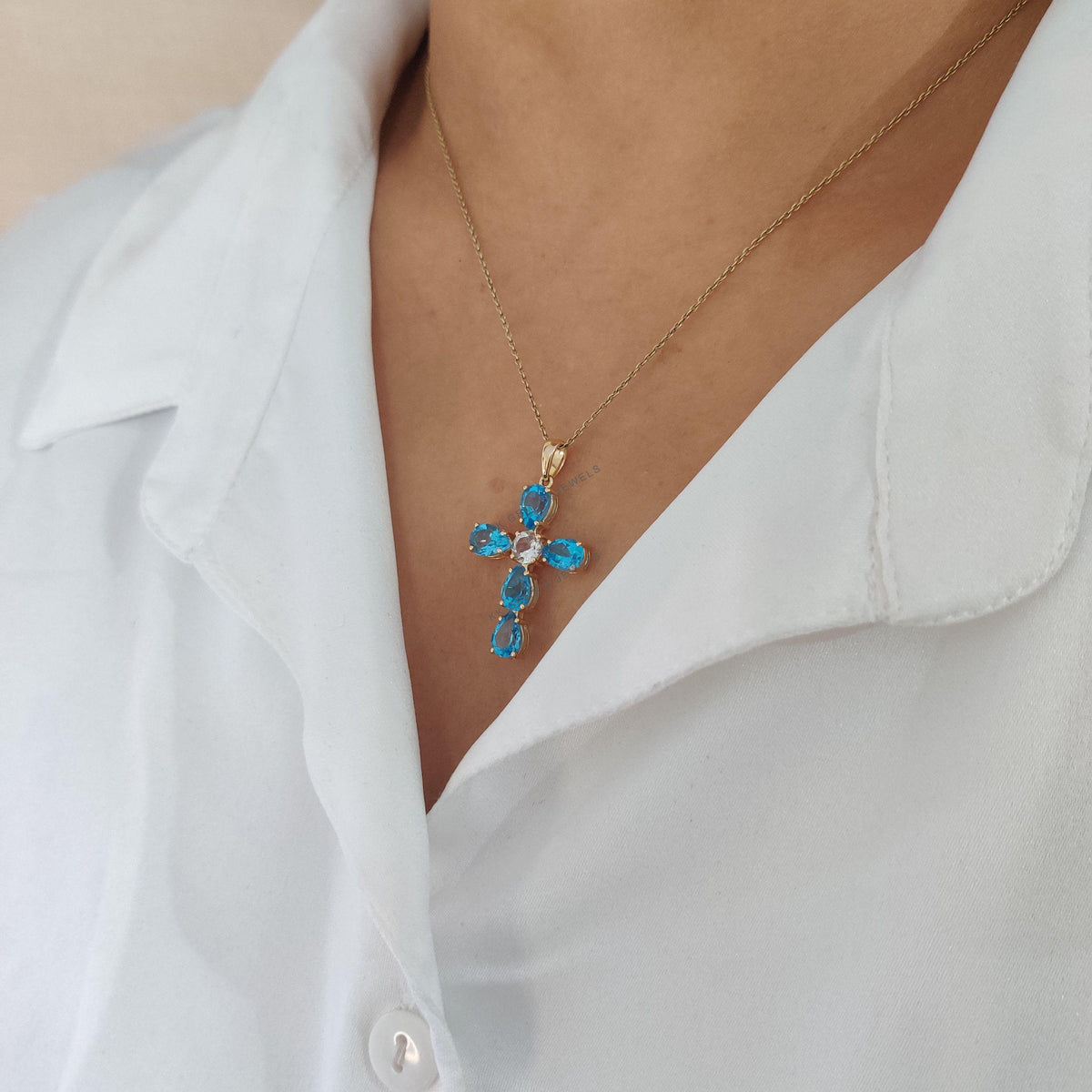 Natural Swiss Blue Topaz 14K Solid Yellow Gold Cross Pendant, December Birthstone Christmas Gift