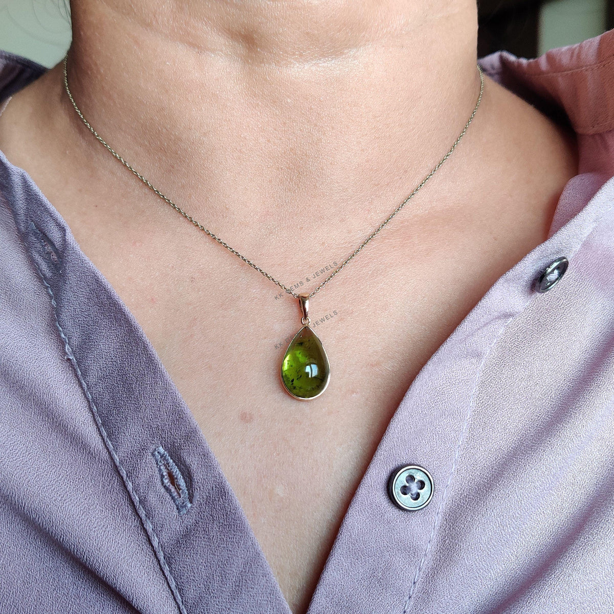 14K Solid Yellow Gold Pear Natural Peridot Pendant, August Birthstone Necklace