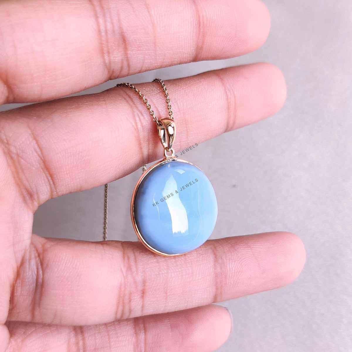 Natural Blue Opal Pendant, 14K Solid Yellow Gold Bezel Pendant, October Birthstone, Christmas Present
