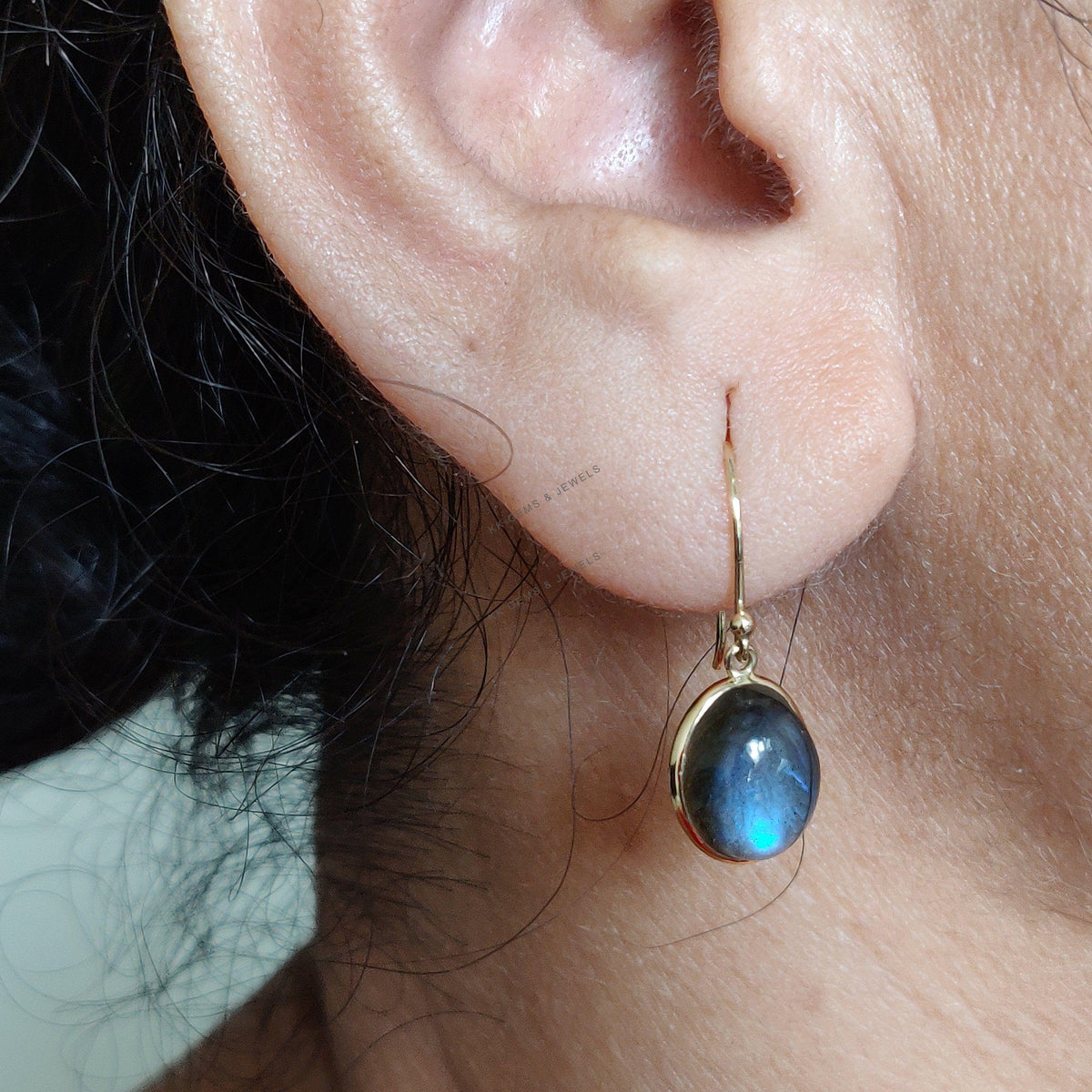 14K Solid Yellow Gold Natural Labradorite Drop Earrings: November Birthstone