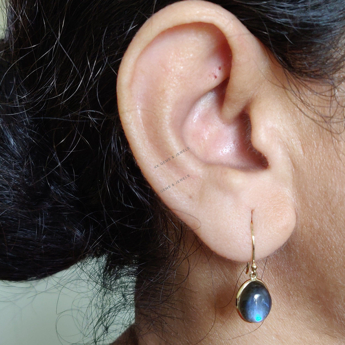 14K Solid Yellow Gold Natural Labradorite Drop Earrings: November Birthstone