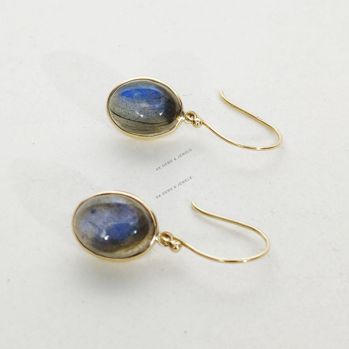 14K Solid Yellow Gold Natural Labradorite Drop Earrings: November Birthstone