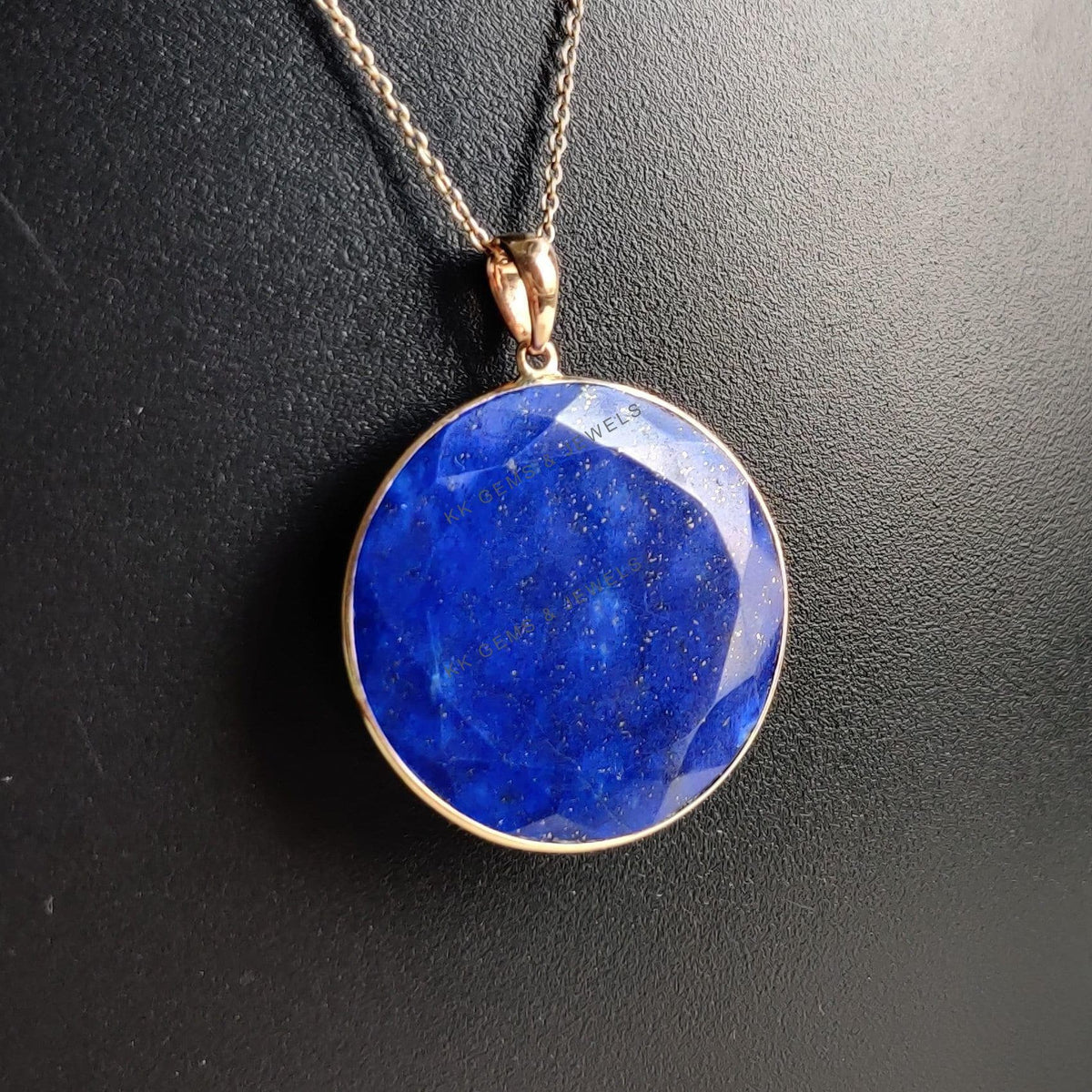14K Solid Gold Natural Lapis Lazuli Pendant: Round Bezel Pendant, September Birthstone