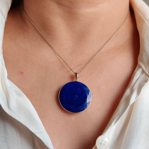 14K Solid Gold Natural Lapis Lazuli Pendant: Round Bezel Pendant, September Birthstone