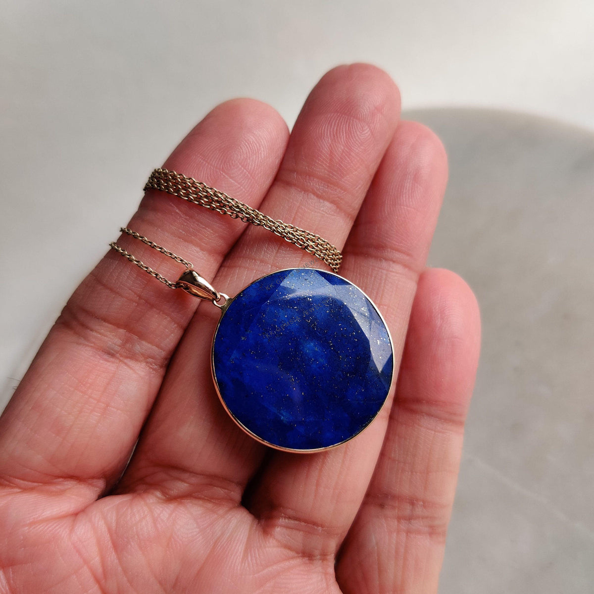 14K Solid Gold Natural Lapis Lazuli Pendant: Round Bezel Pendant, September Birthstone