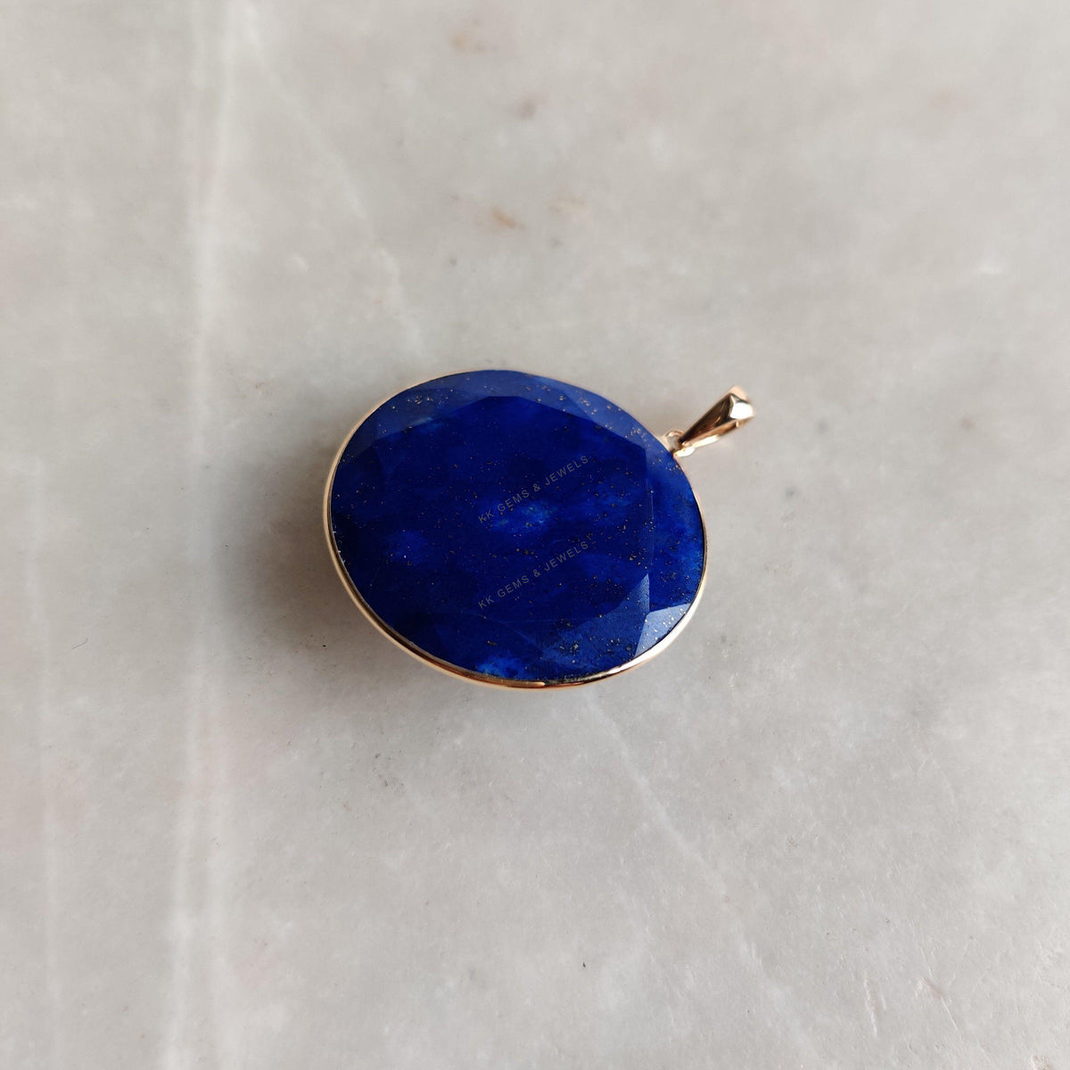 14K Solid Gold Natural Lapis Lazuli Pendant: Round Bezel Pendant, September Birthstone